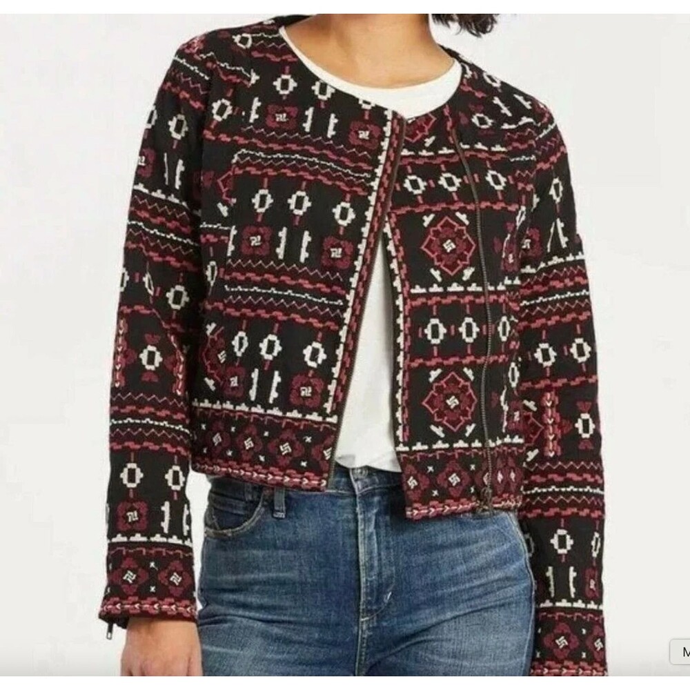Feathers by Tolani Aztec Boho Embroidered Moto Zip Up Jacket Size S Southwestern